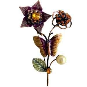 Rustic Folk Art Garden Brooch – Large Enamel Butterfly, Florals & Pearl Pin